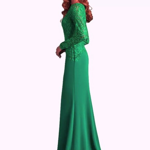 Tadashi Shoji Emerald Green Embroidered Long Sleeve Gown - Picture 4 of 5